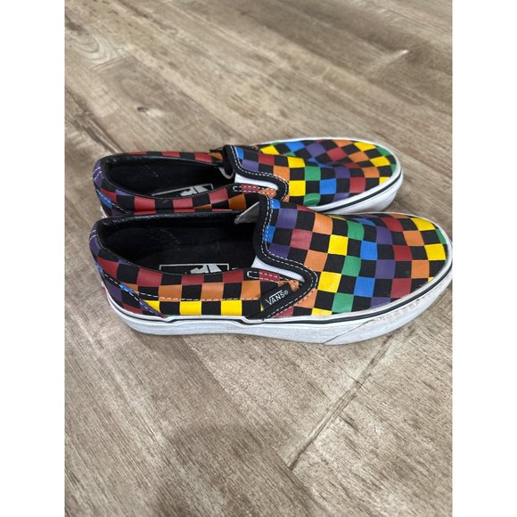 Vans Womens Rainbow Checkerboard Classic Slip On Shoes Sz 5 Multi Canvas Casual - Picture 3 of 5